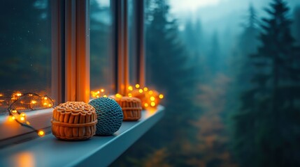 Warm windowsill decorations, misty forest view