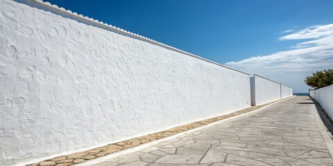 Whitewashed Wall Path Mediterranean Coastal Scene, Cobblestone Road, Blue Sky, Architecture, Travel, Greece Architecture Photography, Mediterranean Landscape