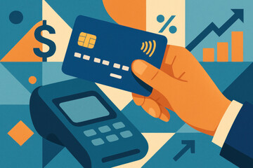 Hand holds credit card, calculator visible.