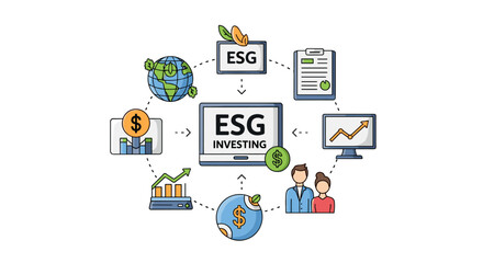 A colorful vector illustration depicts ESG investing with a computer screen at the center, surrounded by icons representing environmental, social, and governance factors.