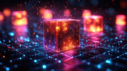 Abstract glowing cubes on a digital network
