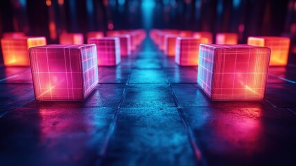 Neon cubes in a futuristic pathway
