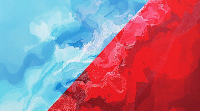 Abstract painting with diagonal split of light blue and red