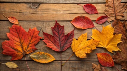 Golden and red maple leaves create a vibrant autumn pattern on a rustic wooden background