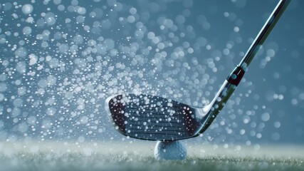 A golf ball is in the air, and a golf club is in the ground. Concept of a golfer preparing to hit the ball