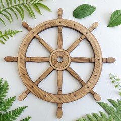 Wooden Ship Wheel Wall Decor Nautical, Round, Eight Spoke, Flatlay, Green Foliage, Wooden Ship Wheel, Nautical Decor Nautical Decor
