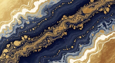 Abstract Fluid Art with Gold and Dark Blue Colors for Artistic Background