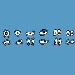 Obraz premium A collection of cartoon eyes, each with unique expressions, drawn on a blue background.