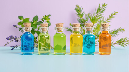Colorful small glass bottles with herbal infusions, arranged on a pastel background
