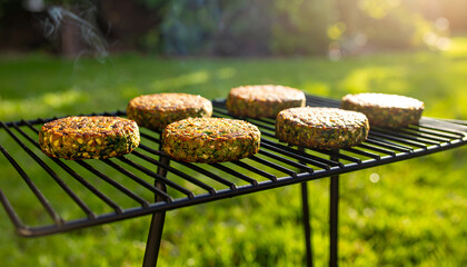 Grilling veggie burgers with sunny garden.