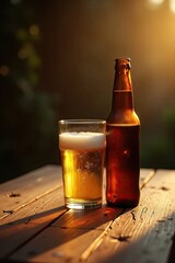 A half-full pint glass of light beer sits beside a full amber bottle on a rustic wooden table, bathed in warm, golden sunlight.  The background is blurred, suggesting an outdoor setting