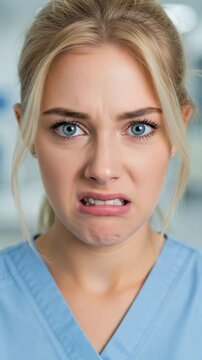 Disgusted young Caucasian woman in medical scrubs. Female nurse or doctor with a look of revulsion in a hospital setting.