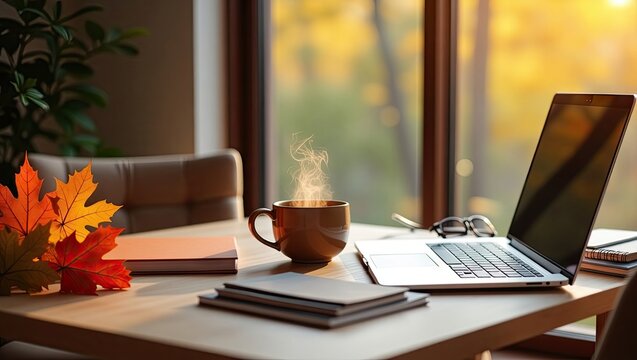 A warm autumn scene of a home workspace featuring a steaming mug, laptop, books, and fall leaves near a sunlit window