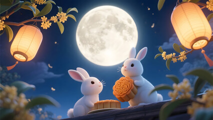 3D illustration of Mid-Autumn Festival with mooncake, rabbit, and moon