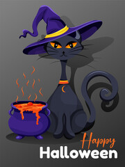 Halloween vector with black cat in witch hat and boiling cauldron. Fun and spooky clipart for party or invitation design.