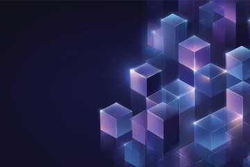 Fototapeta premium Isometric cube blocks vector background with purple glowing technology and data connection concept