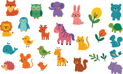 Obraz premium Cartoon Animal & Plant Icon Set: Fox, Owl, Elephant, Whale, Flowers & More in Whimsical Style