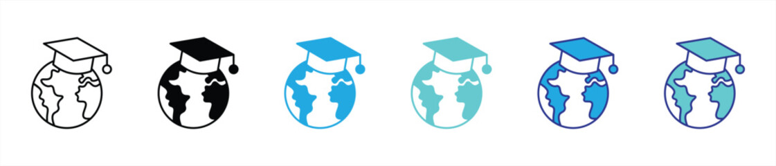 global graduation icon set. contain worldwide education, knowledge without borders, academic excellence across continents thin line and color style icon symbol sign. vector illustration