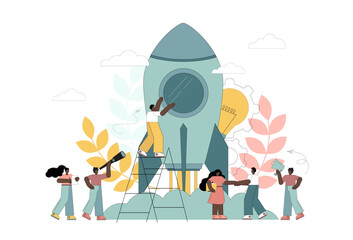 Business startup concept, teamwork. Little people launching rocket, startup. Vector flat illustration