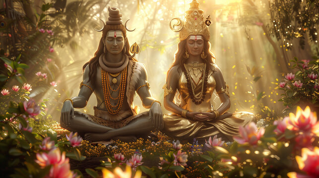 Two Hindu deities, Shiva and Parvati, meditating peacefully amidst a lush, glowing forest scene.