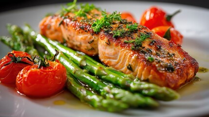 Perfectly seared salmon fillet served with roasted cherry tomatoes and fresh asparagus