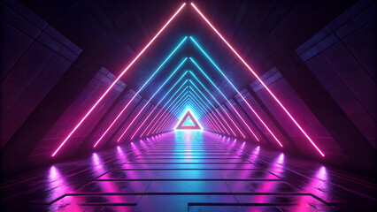 Fototapeta premium Neon Triangle Tunnel with Pink and Blue Lights Receding into Distance neon tunnel futuristic