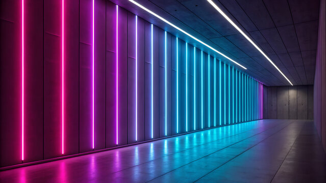 Vertical neon light tubes in magenta and cyan illuminating a concrete hallway with reflective floor image