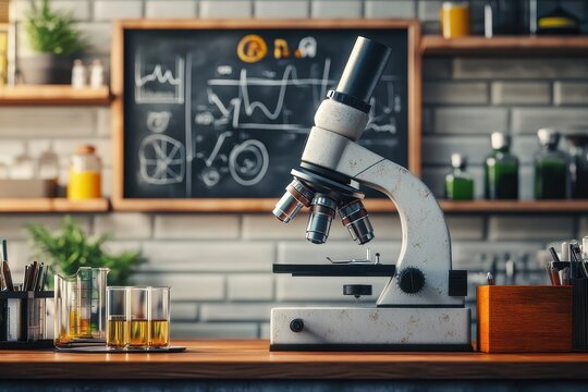 Vintage microscope on a wooden table in a science lab setting.