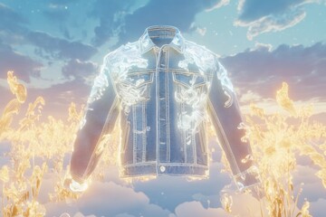 A denim jacket, digitally rendered, with floral embellishments.