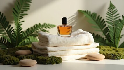 Amber perfume bottle sits atop a stack of fluffy white towels nestled amongst moss and smooth stones, bathed in soft sunlight and framed by lush green ferns
