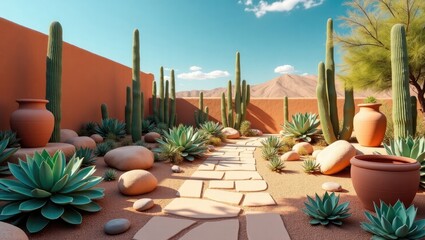 A sun-drenched desert garden path winds between terracotta pots, succulents, cacti, and stones, leading to a mountain backdrop under a vibrant blue sky