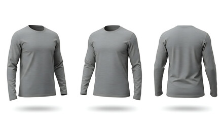 Three views of a grey long sleeve t shirt shown from the front side and back isolated on white background
