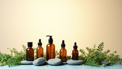 Amber glass bottles of various sizes, with dropper tops and pump dispenser, rest on grey stones and surrounded by green foliage against a pale yellow background.  