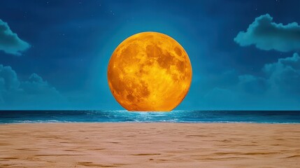 Orange Moon Rising Over Tranquil Ocean Beach at Night