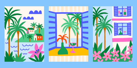 Summer vacation vector posters set. Bright tropical print designs with sea view, flowers, palms illustrations