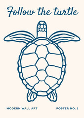 Outline sea turtle vector illustration. Minimalist retro poster design with ocean animal