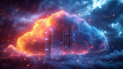 Fiery cloud hosting a futuristic skyscraper