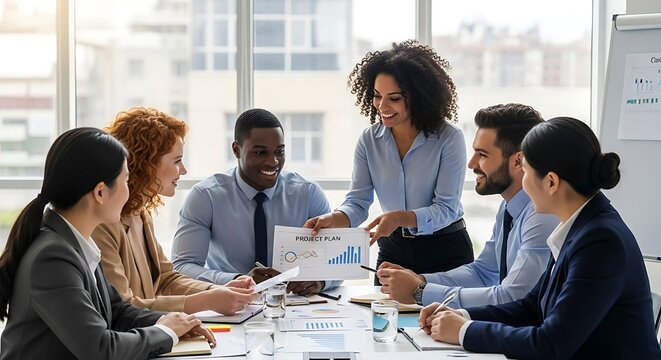 Diverse team discussing project plan during meeting in bright office with charts and graphs, working collaboratively to achieve goals