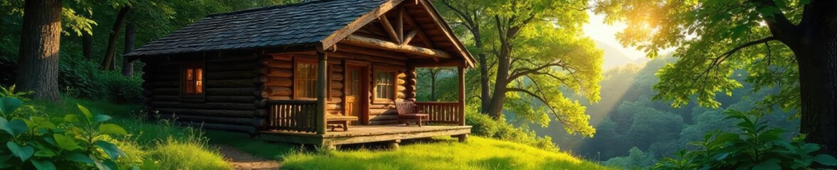 A rustic cabin nestled amongst lush greenery, sunlight dappling through leaves onto a warm wooden porch Perfect for relaxation and escape to nature's embrace , cabin, retreat, scenery