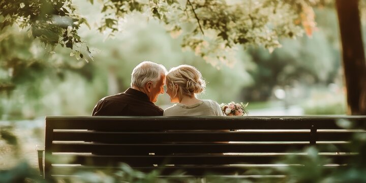 Couple is sitting on a bench in a park