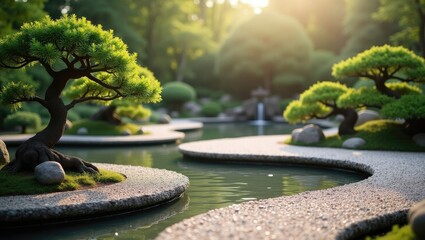 Serene, sun-dappled miniature landscape featuring meticulously pruned bonsai trees flanking a gently curving stream, nestled within a lush, green garden setting.