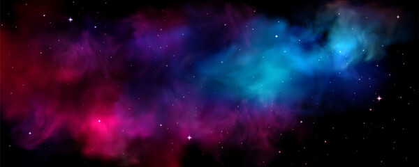 Cosmic space nebula with vibrant colors - purple, pink and blue stellar clouds, glowing stars scattered across galaxy, planet atmosphere background for astronomy or universe exploration design.