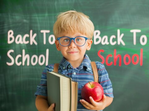 Healthy breakfast for pupil. Child boy with apple during lunch break in classroom. Healthy food menu for kids. Little schoolboy in glasses at desk in front of chalkboard eating apple. Back to school.