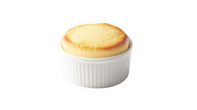 Golden brown baked souffle in a white ramekin isolated on transparent background