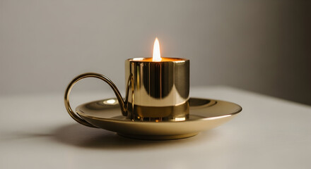Elegant gold candle holder with lit candle on a matching gold tray creating a warm cozy ambiance perfect for home decor and relaxation settings in a modern interior
