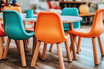 Colorful plastic chairs and a table for children.