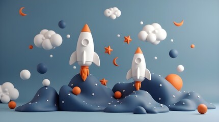 A cute, 3d scene of rockets launching among clouds, stars, and planets in space.