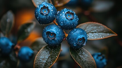 Juicy Blueberries Dew Drops Macro Photography