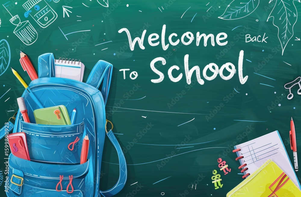 Fototapete back to school vector template design. welcome back to school text in chalkboard space with 3d educa