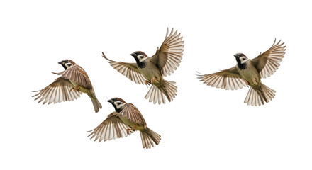 Fototapeta premium Four Eurasian Tree Sparrows soar in the sky, their wings spread gracefully, capturing the beauty of avian flight and wildlife in natural elegance